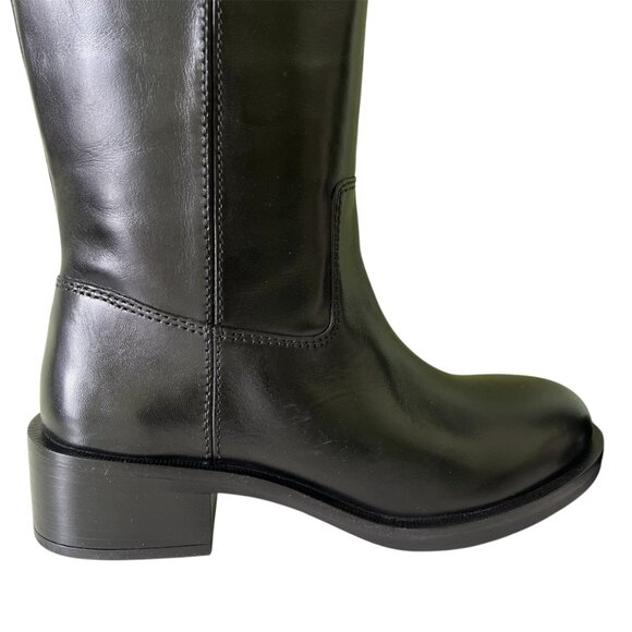 Zara Black Leather Knee High Boots Flat Round Toe Pull Tab Equestrian US Sz 6 - Picture 8 of 11
